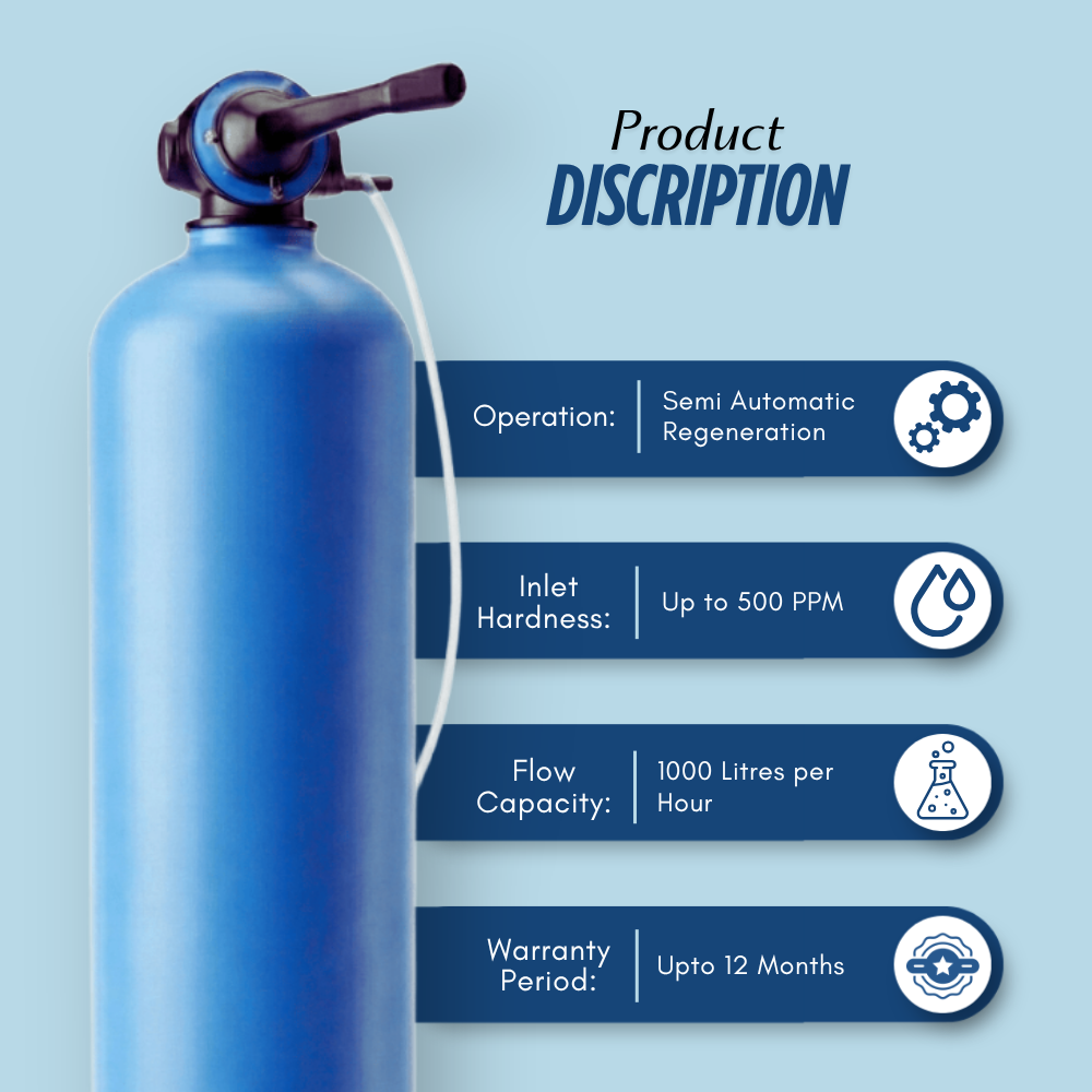 1000 LPH Water Softener Semi-Automatic for Inlet Hardness upto 500 PPM