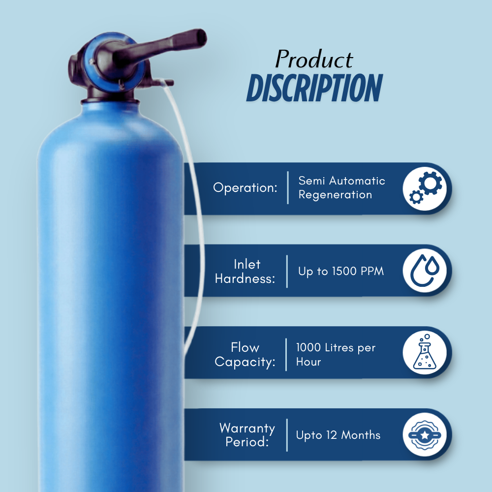 1000 LPH Water Softener Semi-Automatic for Inlet Hardness upto 1500 PPM
